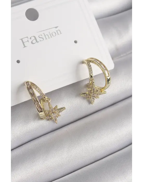  Altın Zirkon Taşlı Halka Model Yıldız Detay Çelik Küpe