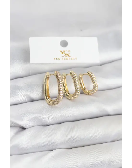 Çelik Gold Renk Zirkon Taşlı Halka Model YSX Trio Küpe Seti