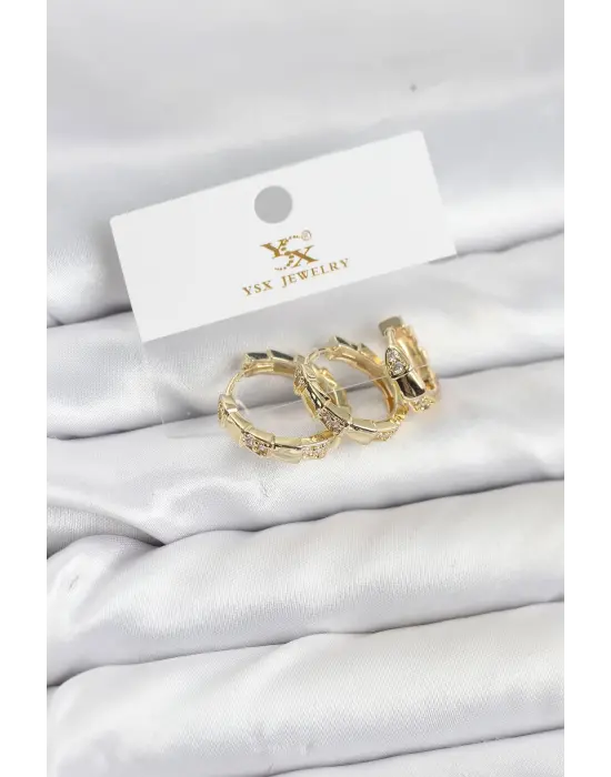 Çelik Gold Renk Zirkon Taşlı Halka Yılan Model YSX Trio Küpe Seti