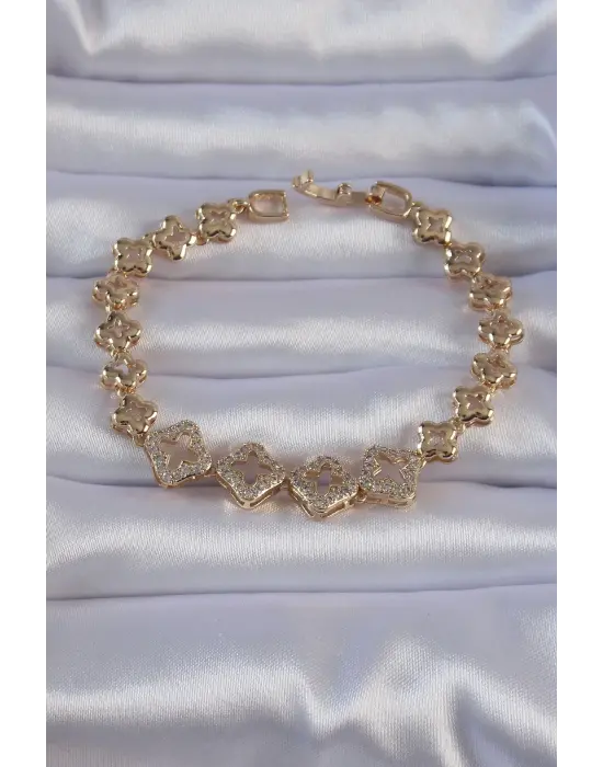 Pirinç Gold Renk Zirkon Taşlı İçi Boş Yonca Figürlü Model Bileklik
