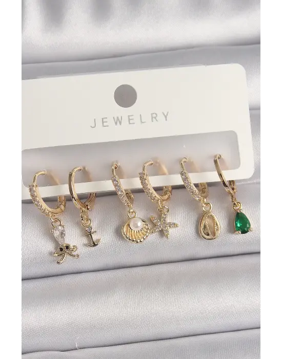  Altın Zirkon Taşlı İnci Detay Çoklu Figür Çelik Küpe Seti