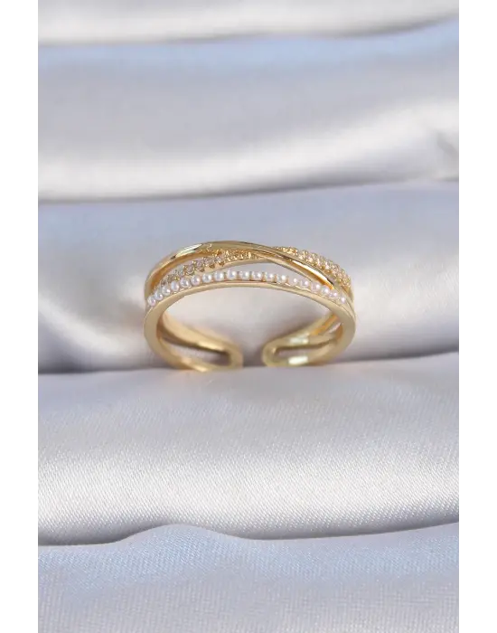  Altın Zirkon Taşlı İnci Detay Çelik Yüzük