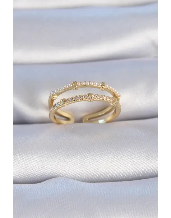  Altın Zirkon Taşlı İnci Detay Çelik Yüzük