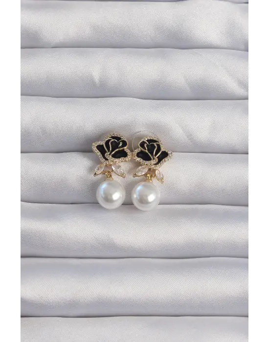  Altın Zirkon Taşlı İnci Detay Siyah Gül Küpe