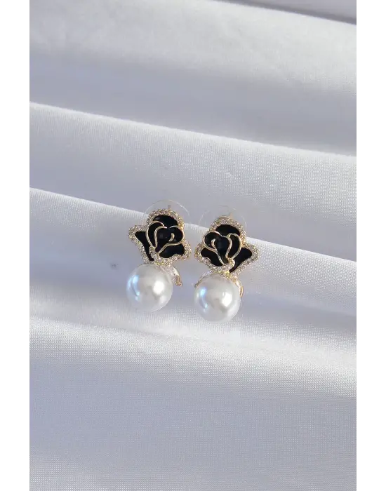  Altın Zirkon Taşlı İnci Detay Siyah Gül Küpe