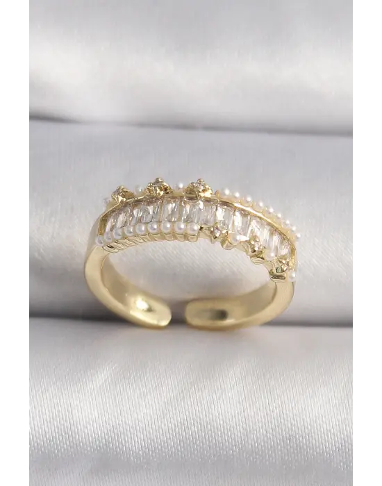  Altın Zirkon Taşlı İnci Detay VIP Seri Çelik Yüzük