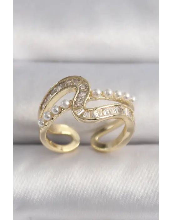  Altın Zirkon Taşlı İnci Detay VIP Seri Çelik Yüzük