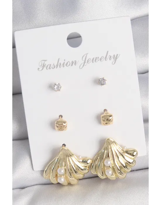 Pirinç Gold Renk Zirkon Taşlı İnci Detaylı Deniz Kabuğu Model 3 Çift Kadın Küpe Seti