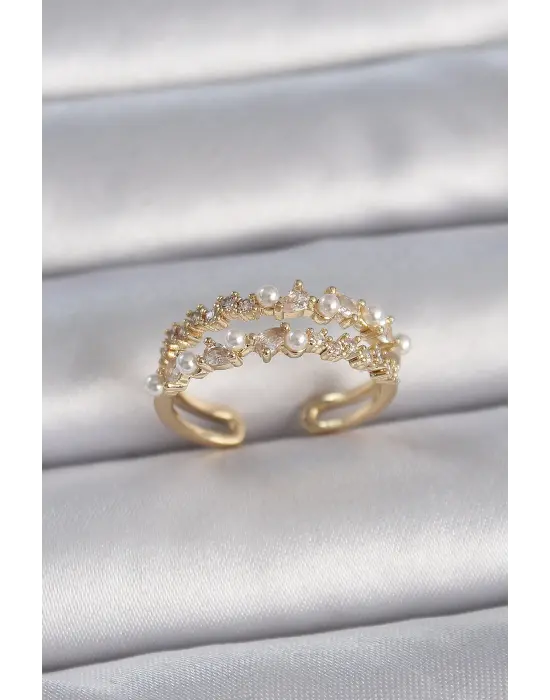  Altın Zirkon Taşlı İncili Ayarlanabilir Model Çelik Yüzük