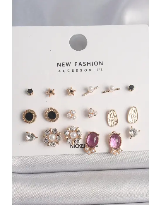  Altın Zirkon Taşlı İncili Çiçek Figür 9 Çift Çelik Küpe Seti