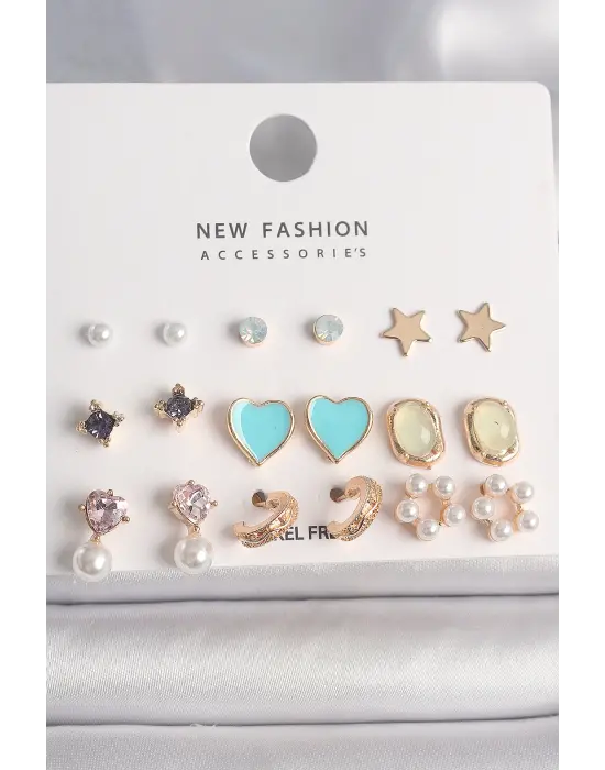  Altın Zirkon Taşlı İncili Çiçek Mavi Kalp Figür 9 Çift Çelik Küpe Seti