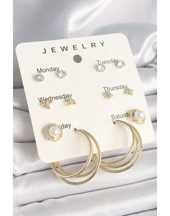 Pirinç Gold Renk Zirkon Taşlı İncili Halka Figür 7Li Set Model Kadın Küpe Seti