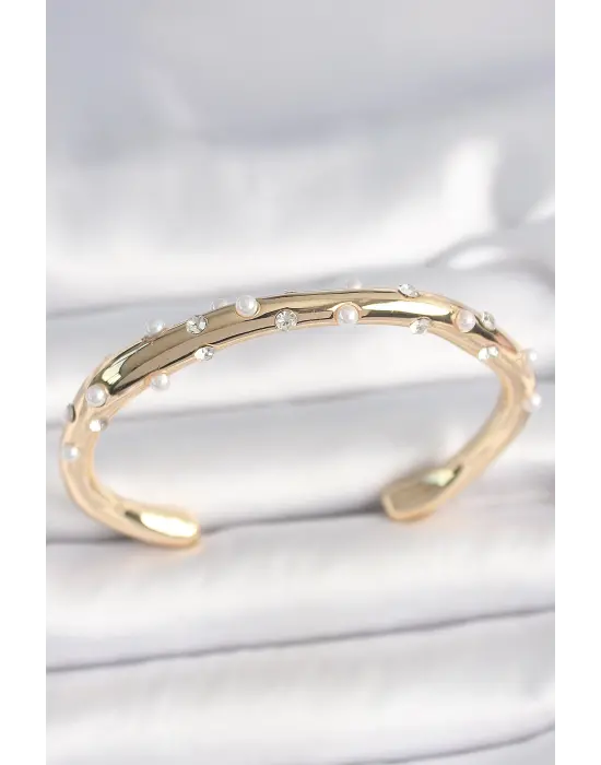 Pirinç Gold Renk Zirkon Taşlı İncili Kadın Bilezik