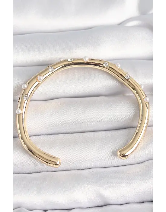 Pirinç Gold Renk Zirkon Taşlı İncili Kadın Bilezik