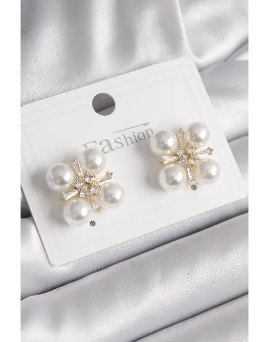  Altın Zirkon Taşlı İncili Çelik Küpe