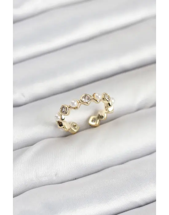 Pirinç Gold Renk Zirkon Taşlı İncili Kadın Yüzük