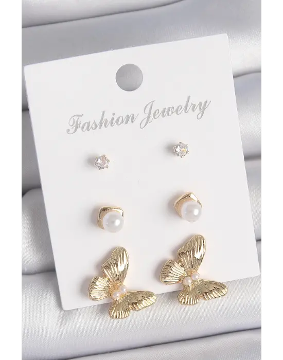 Pirinç Gold Renk Zirkon Taşlı İncili Kelebek Model 3 Çift Kadın Küpe Seti