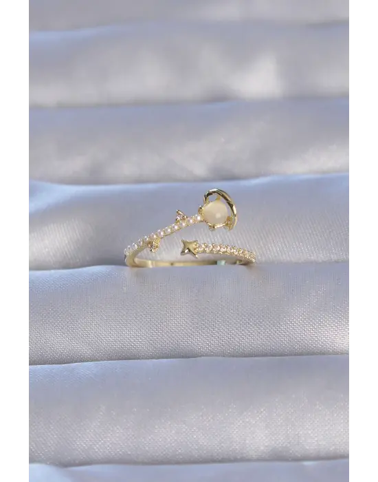  Altın Zirkon Taşlı İncili Satürn Model Ayarlanabilir Yüzük