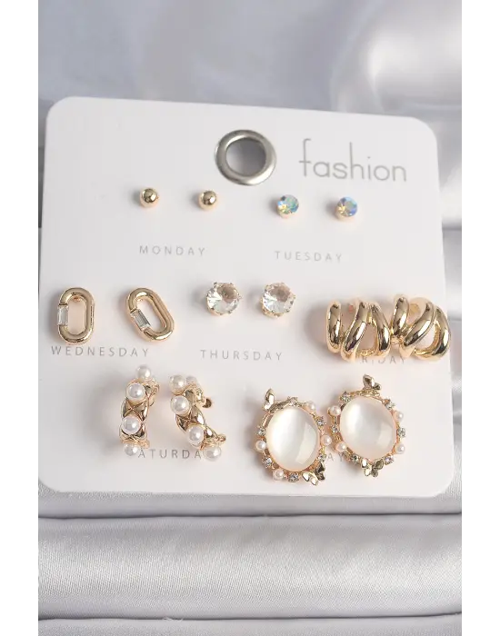  Altın Zirkon Taşlı İncili Xoxo Model 7 Çift Çelik Küpe Seti