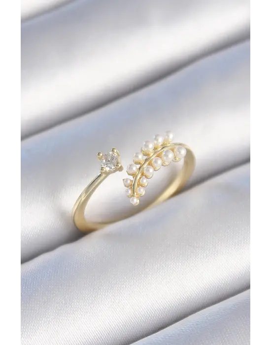  Altın Zirkon Taşlı İncili Yaprak Model Çelik Yüzük