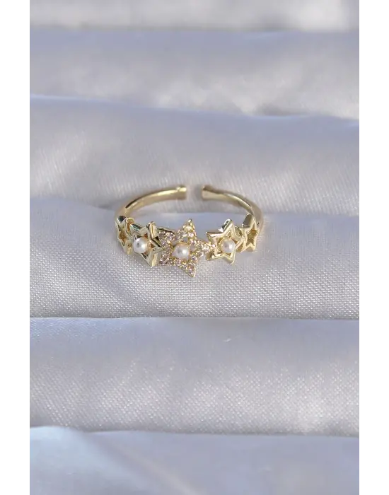  Altın Zirkon Taşlı İncili Yıldız Model Ayarlanabilir Yüzük