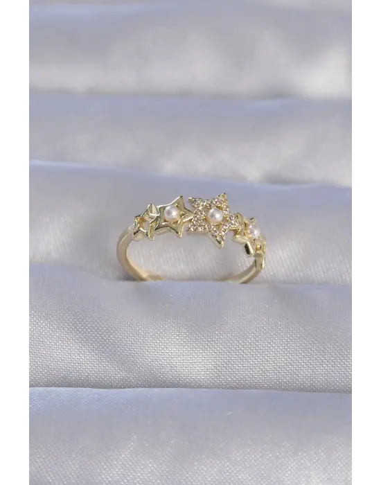  Altın Zirkon Taşlı İncili Yıldız Model Ayarlanabilir Yüzük