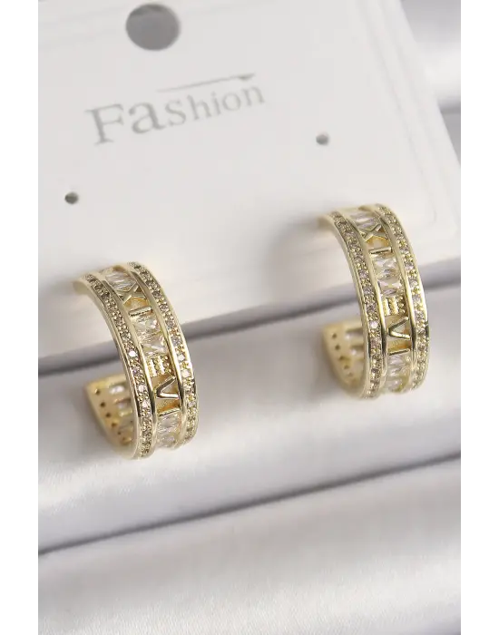  Altın Zirkon Taşlı İşleme Detay Halka Model Çelik Küpe