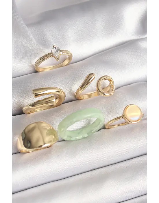  Altın Zirkon Taşlı İşleme Plaka Figürlü Beyaz Daire Mine Detaylı 6Lı Çelik Yüzük Seti