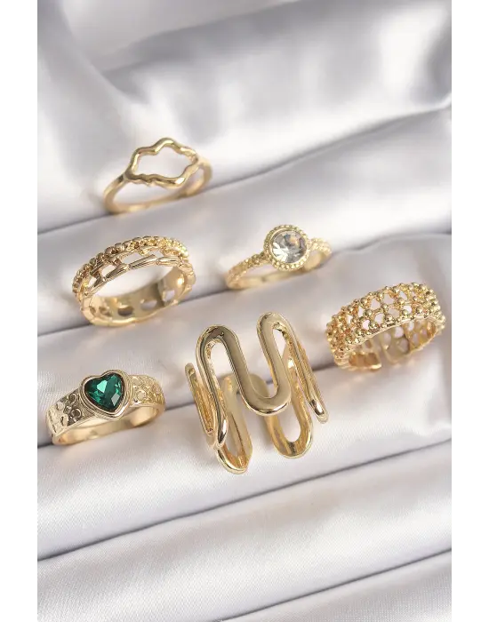  Altın Zirkon Taşlı İşleme Plaka Model Yeşil Kalp Detay 6Lı Çelik Yüzük Seti