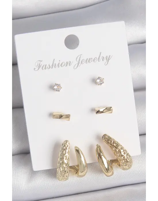 Pirinç Gold Renk Zirkon Taşlı İşlemeli Motif Model 3 Çift Kadın Küpe Seti
