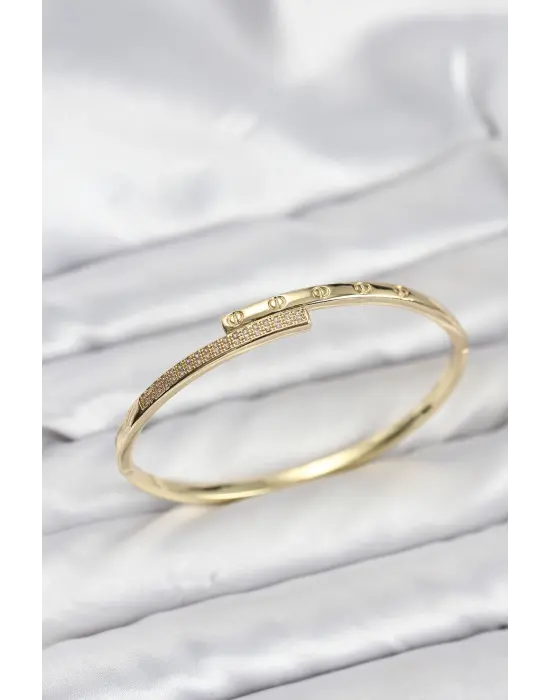 Çelik Gold Renk Zirkon Taşlı Kadın Kelepçe Bileklik
