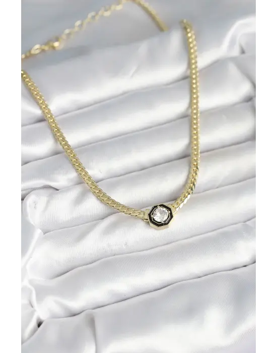 Pirinç Gold Renk Zirkon Taşlı Kadın Kolye