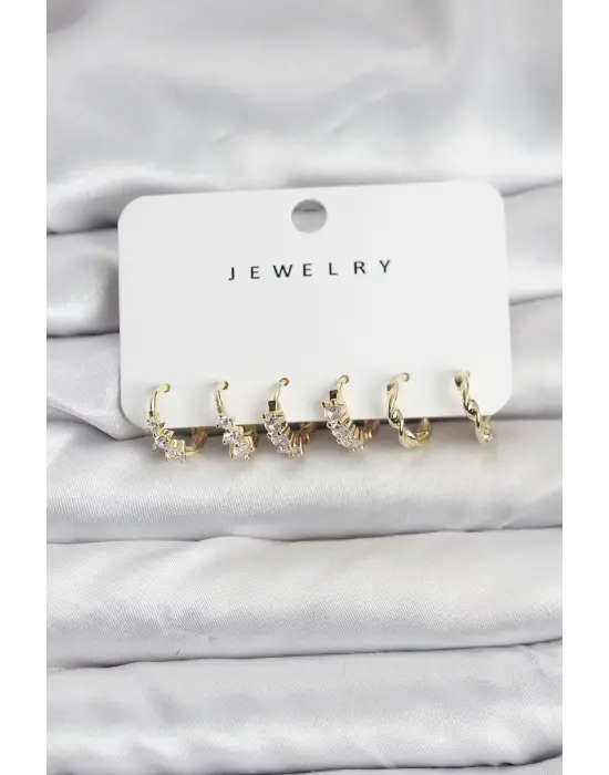 Pirinç Gold Renk Zirkon Taşlı Kadın Küpe Seti