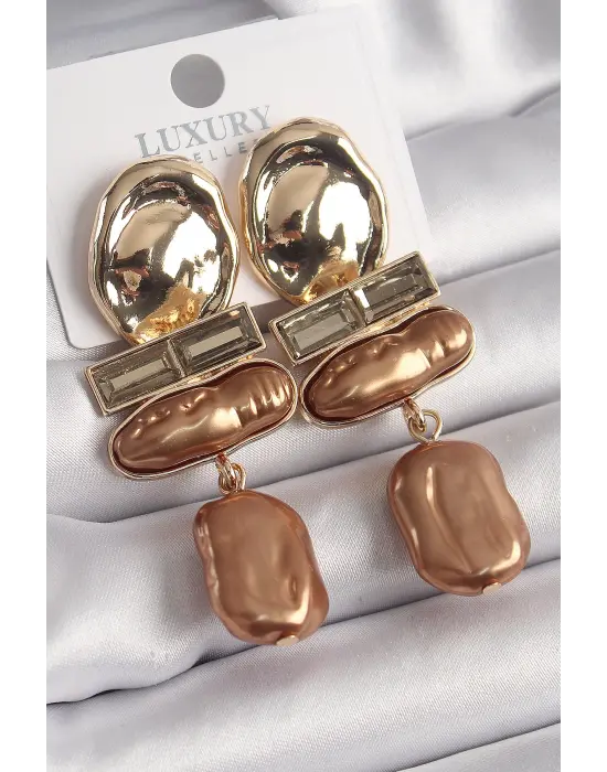  Altın Zirkon Taşlı Kahverengi İnci Ezme Model Vintage Çelik Küpe