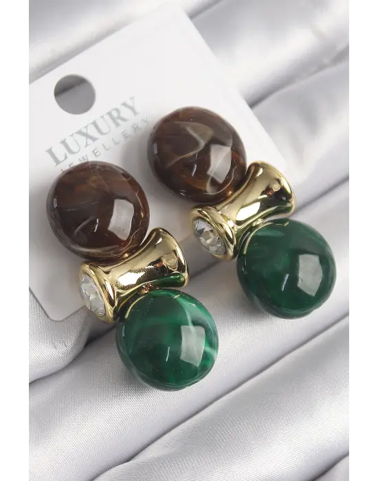  Altın Zirkon Taşlı Kahverengi Yeşil Doğal Taşlı Vintage Çelik Küpe