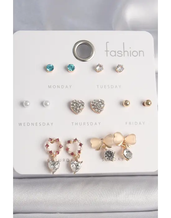  Altın Zirkon Taşlı Kalp Beyaz Mineli Fiyonk Figür 7 Çift Çelik Küpe Seti