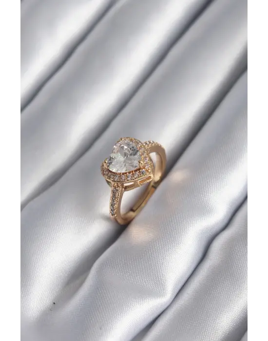  Altın Zirkon Taşlı Kalp Charm Model Çelik Yüzük