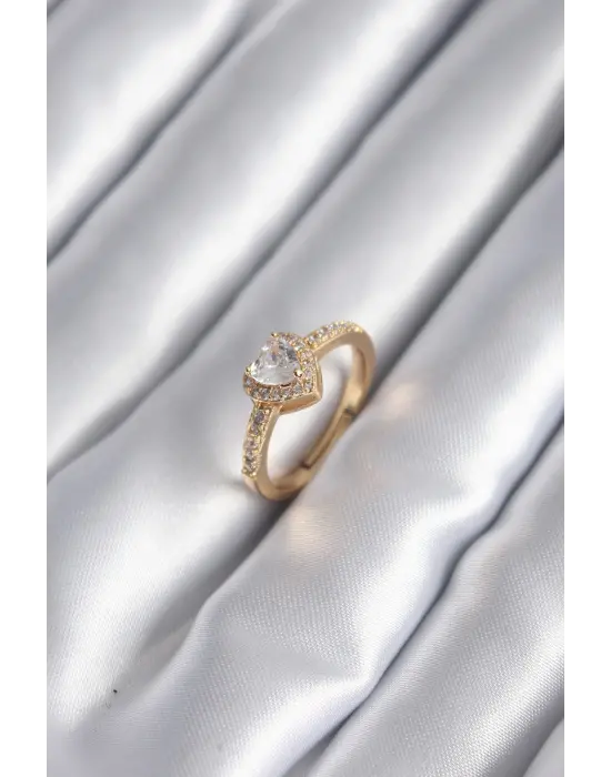  Altın Zirkon Taşlı Kalp Charm Model Çelik Yüzük