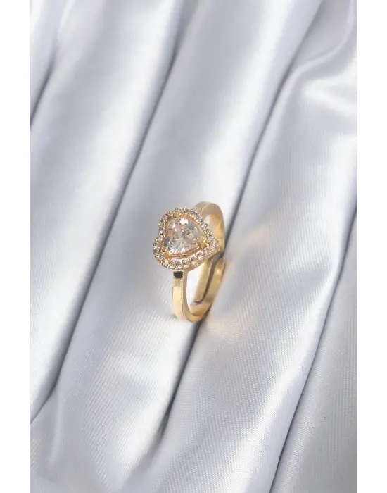  Altın Zirkon Taşlı Kalp Charm Model Çelik Yüzük