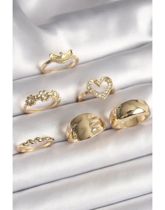  Altın Zirkon Taşlı Kalp Figür Çiçek Detay 6Lı Çelik Yüzük Seti