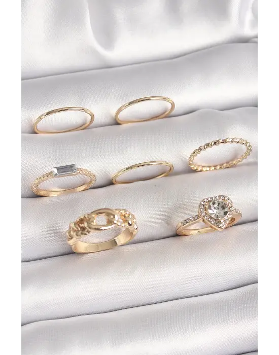 Pirinç Gold Renk Zirkon Taşlı Kalp Figür Düğüm Detay Kadın Yüzük Kombini