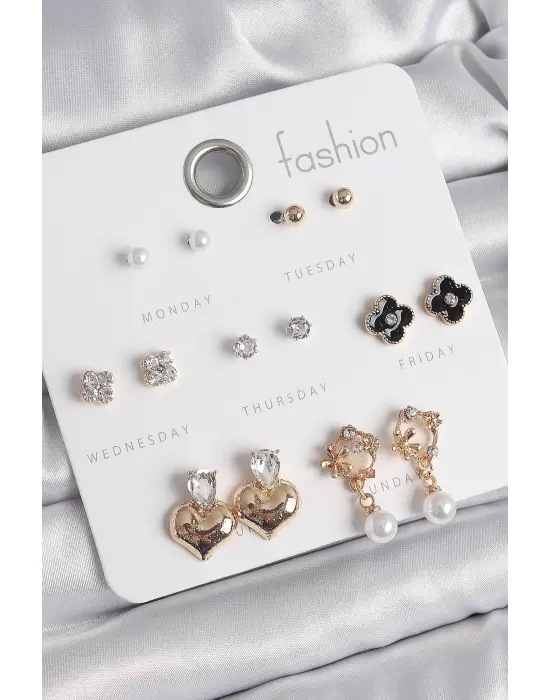 Pirinç Gold Renk Zirkon Taşlı Kalp Figür Siyah Yonca Detay 7 Çift Kadın Küpe Seti