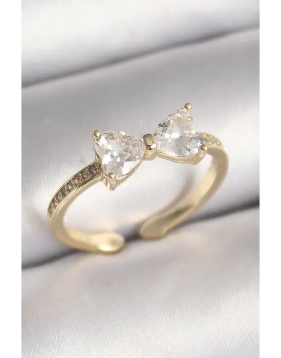  Altın Zirkon Taşlı Kalp Fiyonk Model Çelik Yüzük