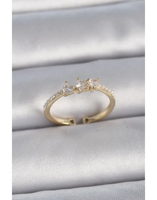  Altın Zirkon Taşlı Kalp İnci Detaylı Ayarlanabilir Model Çelik Yüzük