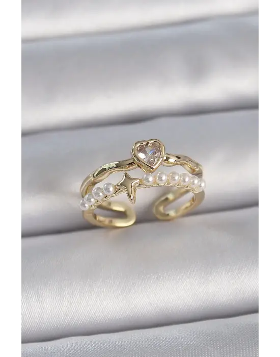  Altın Zirkon Taşlı Kalp İncili Yıldız Detay Ayarlanabilir Model Çelik Yüzük