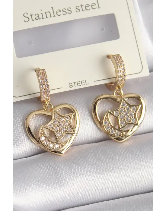  Altın Zirkon Taşlı Kalp Model Ay Yıldız İşleme Çelik Küpe