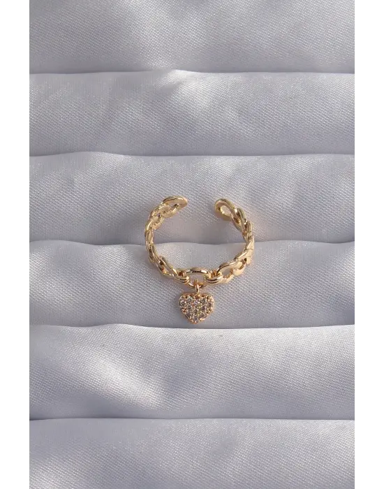  Altın Zirkon Taşlı Kalp Model Ayarlamalı Yüzük