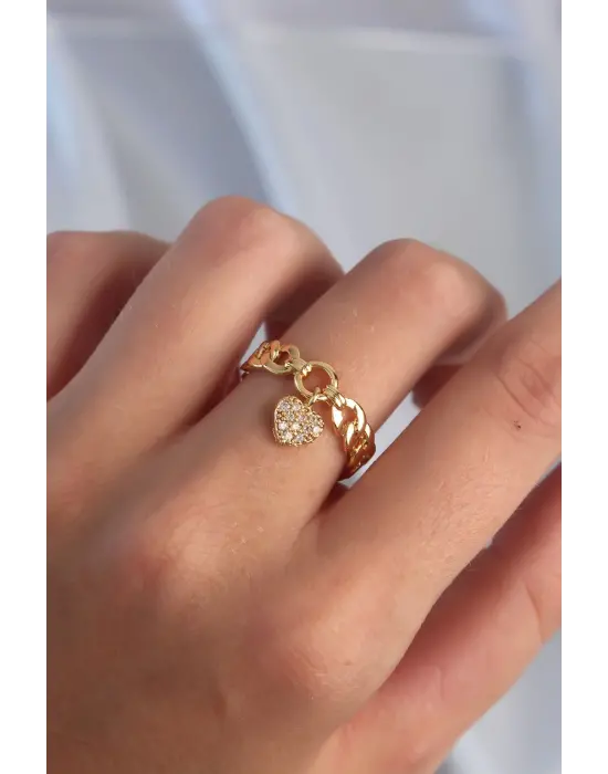  Altın Zirkon Taşlı Kalp Model Ayarlamalı Yüzük