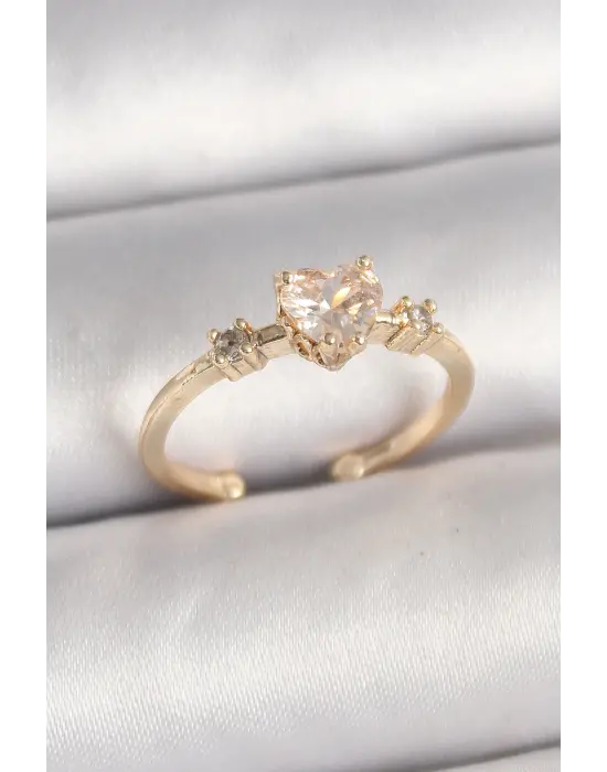 Pirinç Gold Renk Zirkon Taşlı Kalp Model Ayarlanabilir Kadın Yüzük