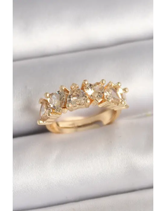 Pirinç Gold Renk Zirkon Taşlı Kalp Model Ayarlanbilir Kadın Yüzük